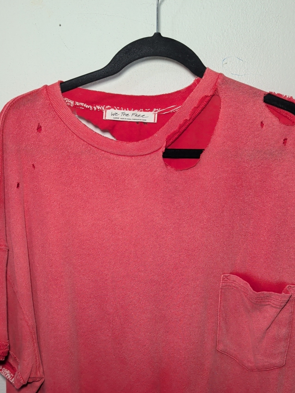We The Free Lucky Tee Red Ombre Ripped Neckline Oversized Cotton Women's Size L - Picture 3 of 5